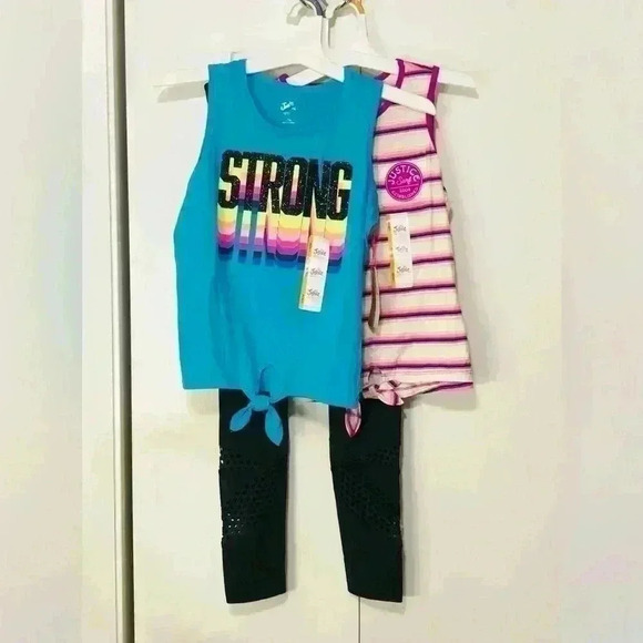 Justice Other - Justice Girls Bundle Blue Strong and Striped Tank Top Black Legging size L 12-14